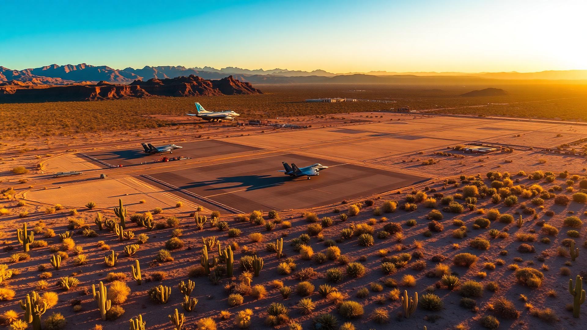 Aerial view of an Arizona airbase at golden hour